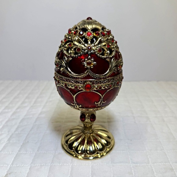 The Unbranded Brand Other - Red Jeweled Egg Music Box Hinged Trinket Box Rotating Ring Holder Enamel